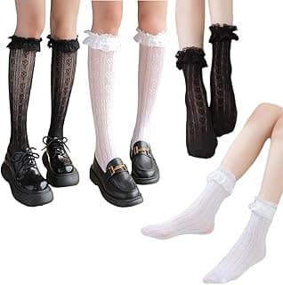 Anmahe 4 Pieces Lace Knee High Socks,Lace Socks Knee High,Knee High Socks Lace,Knee High Lace Socks,For Daily Casual Wear,...