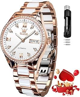 OLEVS Automatic Watch for Women Self Winding Ladies Diamond Wrist Watch Luxury Dress Rose Gold Ceramic Watch for Women Lov...