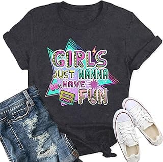 Qskall 80s T Shirts Women Retro Vintage 80s' Party T-Shirt Girls Just Wanna Have Fun Tee Tops